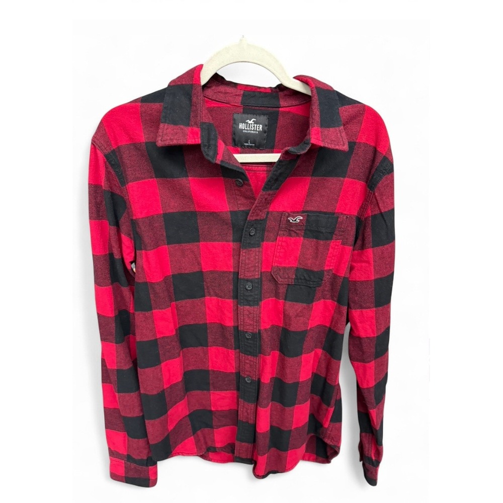 Hollister Red & Black Checked Flannel Long Sleeve Button Up Shirt Men's Large
